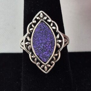 Sterling Silver Purple Druzy Marquise Ring Size 9 Filigree 925 Thailand Signed